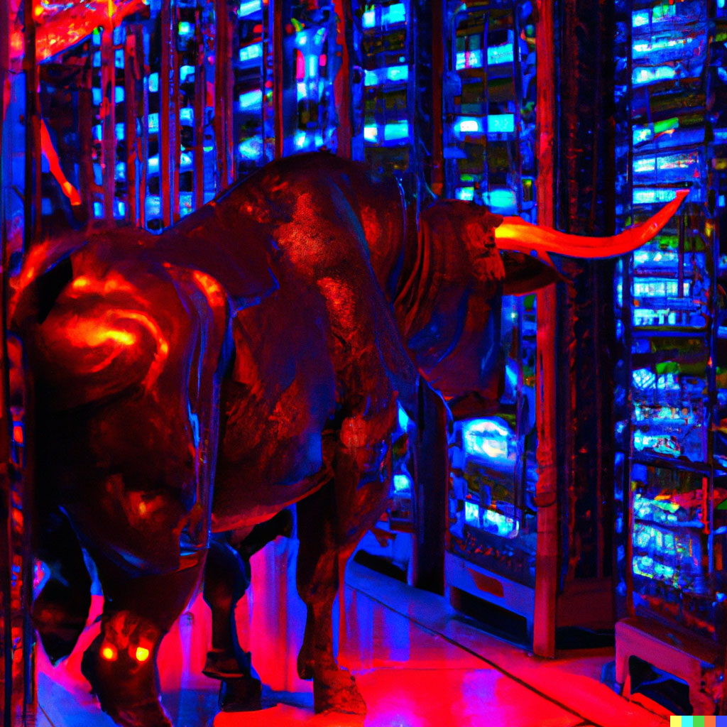 DALL·E prompt: wide shot of a bronze bull statue inside server data racks with blinking red and blue lights